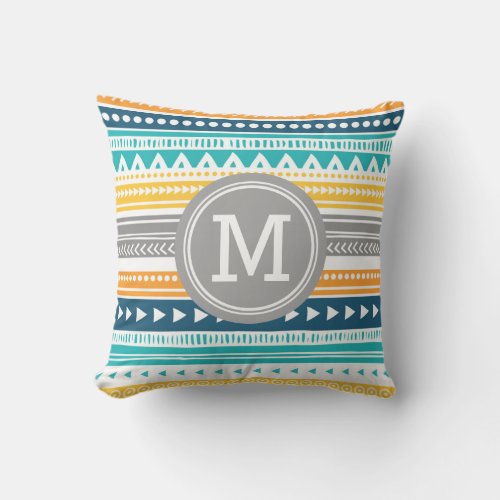 Blue Yellow Tribal Monogram Decorative Pillow