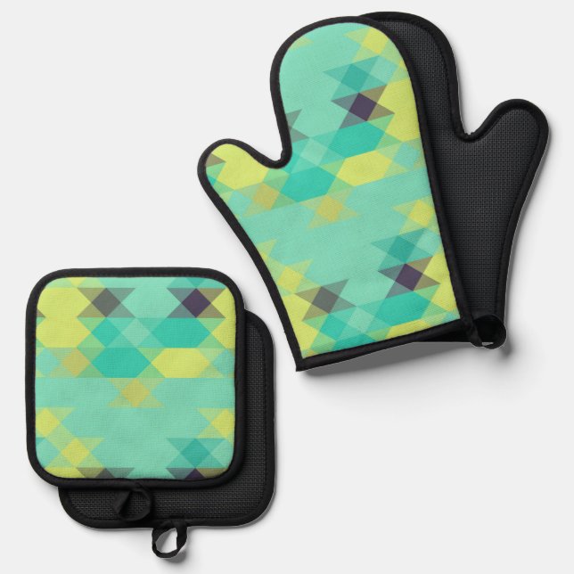 blue yellow turquoise yellow and aqua  oven mitt & pot holder set (Front/Back)