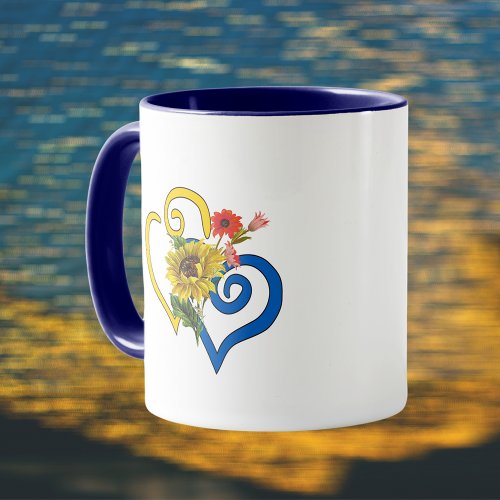 Blue Yellow Twisted Heart with Sunflower Bouquet  Mug
