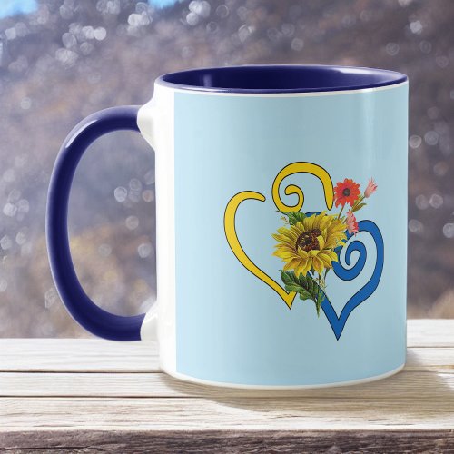 Blue Yellow Twisted Heart with Sunflower on Blue Mug