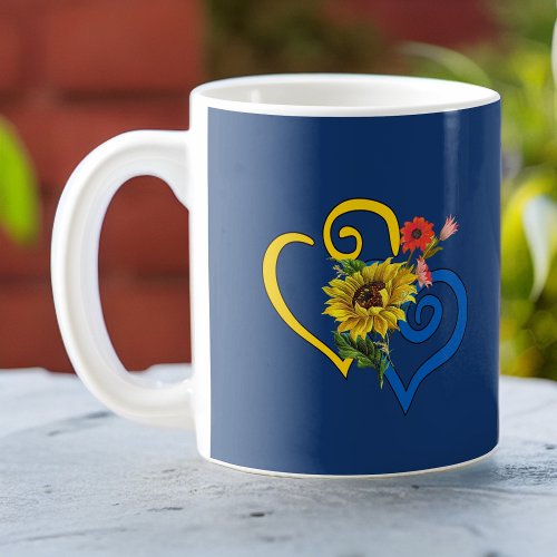 Blue Yellow Twisted Heart with Sunflower on Navy Coffee Mug