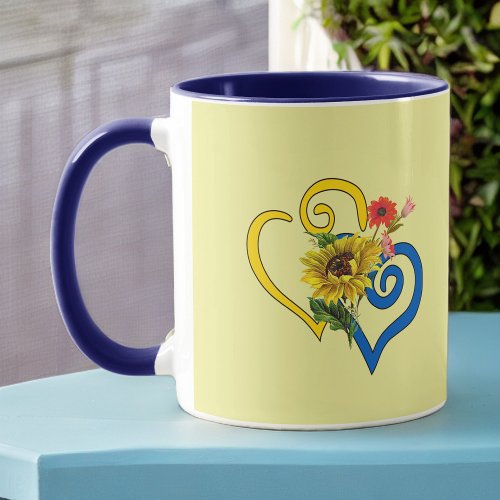 Blue Yellow Twisted Heart with Sunflower on Yellow Mug