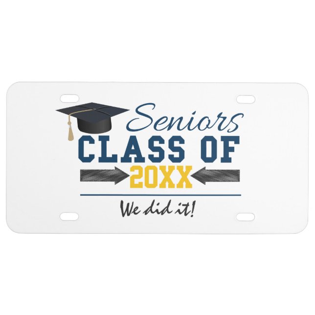 Blue Yellow Typography Graduation Gear License Plate (Front)