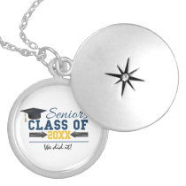 Blue Yellow Typography Graduation Gear Silver Plated Necklace