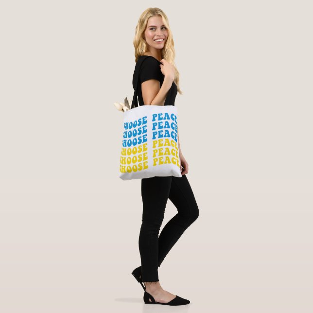 BLUE & YELLOW UKRAINE CHOOSE PEACE TOTE BAG (On Model)
