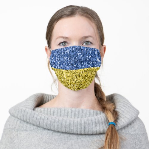 Blue yellow Ukraine flag glitter faux sparkles Adult Cloth Face Mask