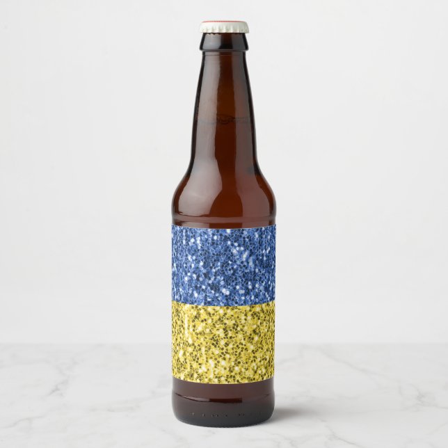 Blue yellow Ukraine flag glitter faux sparkles Beer Bottle Label (Front)