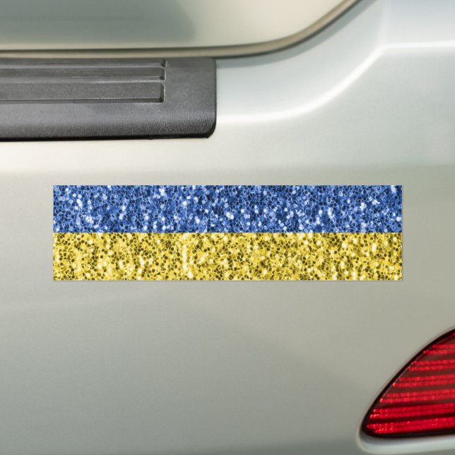 Blue yellow Ukraine flag glitter faux sparkles Bumper Sticker (On Car)