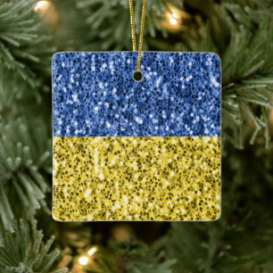 Blue yellow Ukraine flag glitter faux sparkles Ceramic Ornament