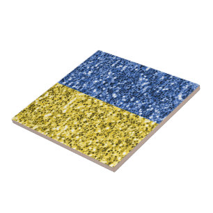 Blue yellow Ukraine flag glitter faux sparkles Ceramic Tile