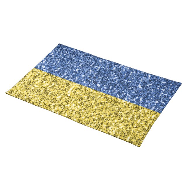 Blue yellow Ukraine flag glitter faux sparkles Cloth Placemat (On Table)