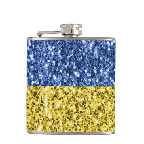Blue yellow Ukraine flag glitter faux sparkles Flask