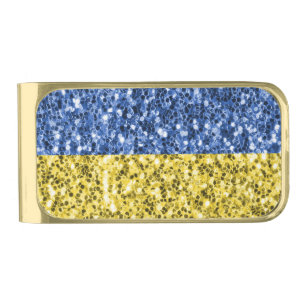 Blue yellow Ukraine flag glitter faux sparkles Gold Finish Money Clip