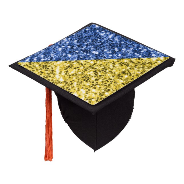 Blue yellow Ukraine flag glitter faux sparkles Graduation Cap Topper (Angled)