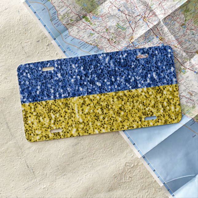 Blue yellow Ukraine flag glitter faux sparkles License Plate (In Situ)