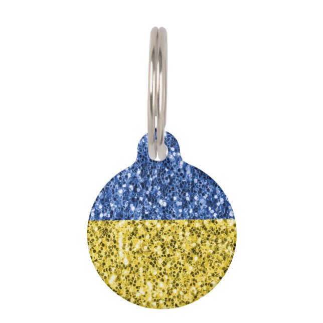Blue yellow Ukraine flag glitter faux sparkles Pet ID Tag (Front)