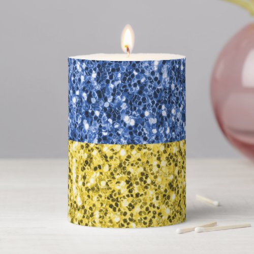 Blue yellow Ukraine flag glitter faux sparkles Pillar Candle