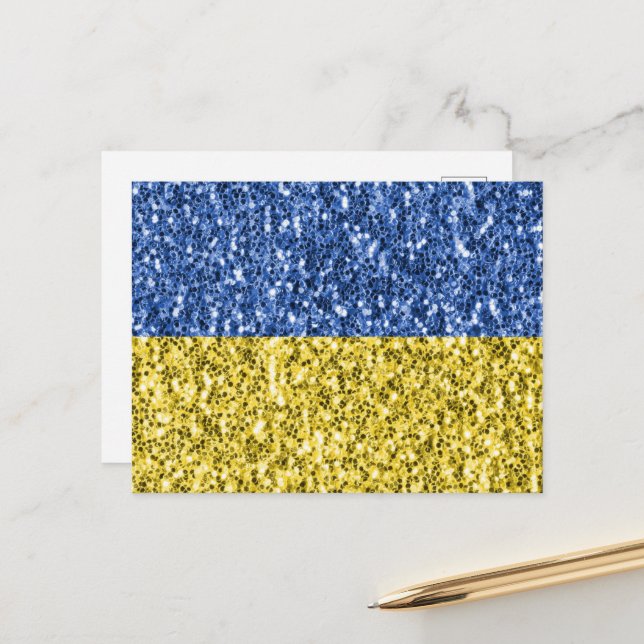Blue yellow Ukraine flag glitter faux sparkles Postcard (Front/Back In Situ)