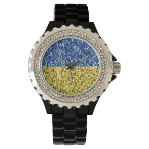 Blue yellow Ukraine flag glitter faux sparkles Watch