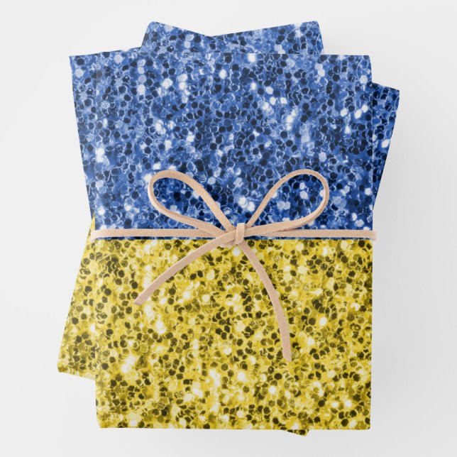 Blue yellow Ukraine flag glitter faux sparkles Wrapping Paper Sheets (In situ)