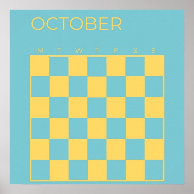 Blue Yellow Undated Checkered October Calendar Poster (Front)