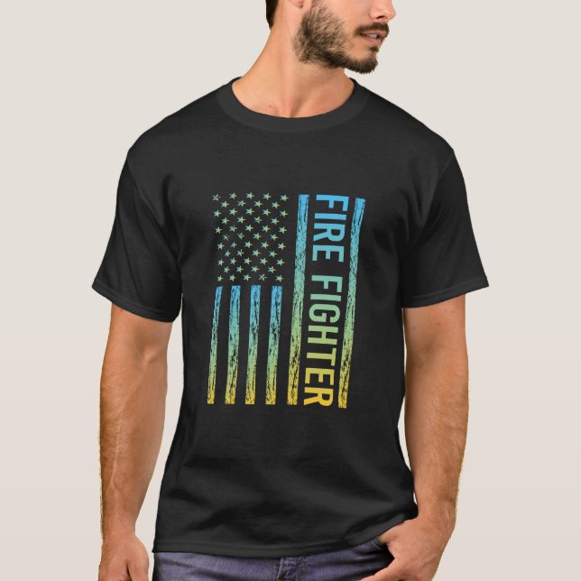 Blue Yellow USA Flag - Fire Fighter  T-Shirt (Front)