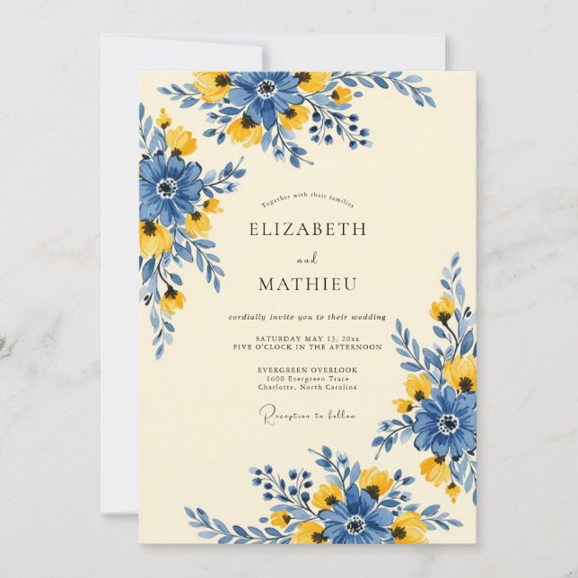 Blue Yellow Vibrant Watercolor Wedding Invitation (Front)