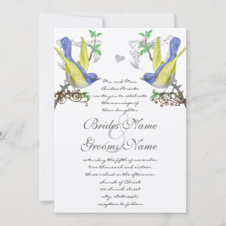 Blue & Yellow Vintage Birds Wedding Invite