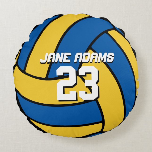 Blue Yellow Volleyball Sports Team Round Pillow (Front)
