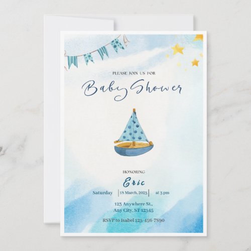 Blue Yellow Watercolor Boat Baby Shower Invitation