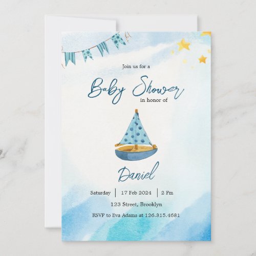 Blue Yellow Watercolor Boat Baby Shower Invitation