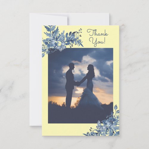 Blue Yellow Watercolor Floral Art Wedding Photo Thank You Card