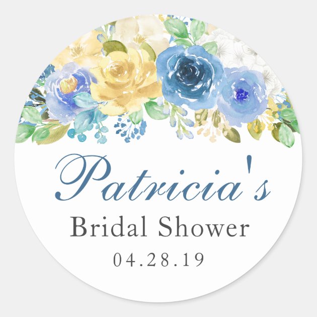 Blue Yellow Watercolor Floral Bridal Shower Classic Round Sticker