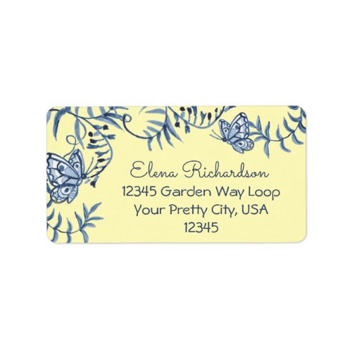 Blue  Yellow Watercolor Floral Butterfly Wedding Label