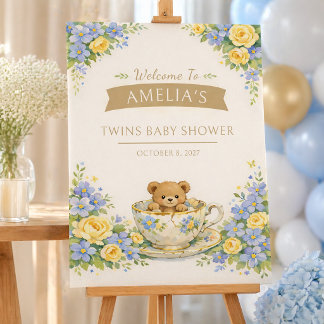 Blue Yellow Watercolor Floral Teacup Bear Welcome Foam Board