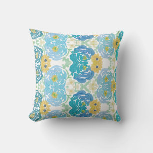 Blue & Yellow Watercolor Floral Throw Pillow