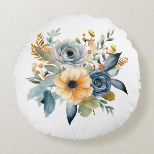 Blue Yellow Watercolor Floral Wildflower Botanical Round Pillow