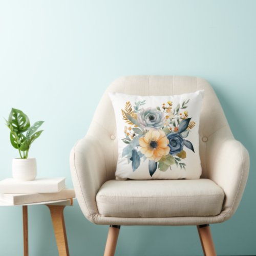 Blue Yellow Watercolor Floral Wildflower Botanical Throw Pillow