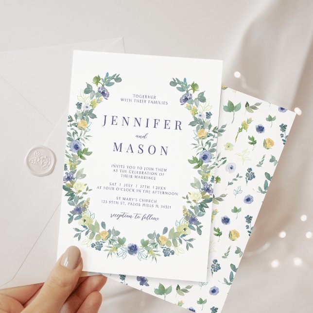 Blue yellow watercolor flower bohemian wedding invitation (Creator Uploaded)