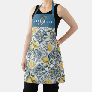 Blue Yellow Watercolor Lemon Custom Name Apron