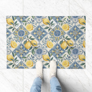 Blue yellow Watercolor Lemon Doormat