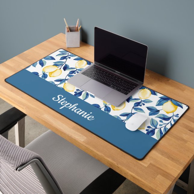 Blue Yellow Watercolor Lemon Monogram Name Desk Mat (Office 2)