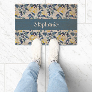 Blue Yellow Watercolor Lemon Name Fiber Doormat