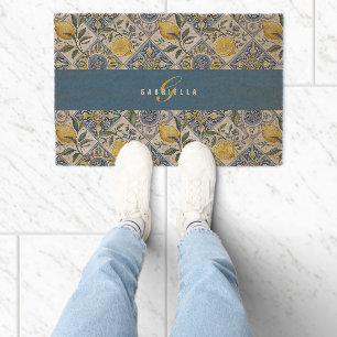 Blue Yellow Watercolor Lemon Name Fiber Doormat