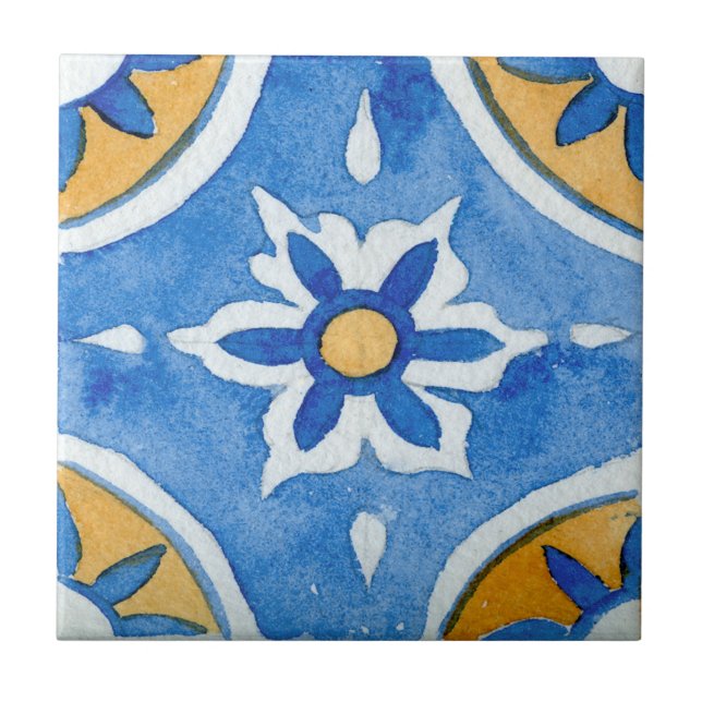 Blue & Yellow Watercolor Mediterranean Patterned Ceramic Tile (Front)