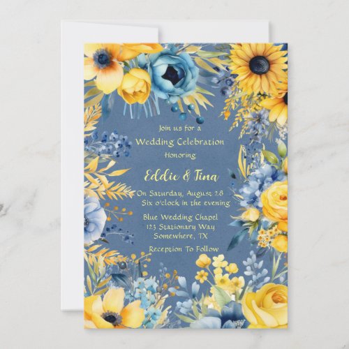 Blue Yellow Watercolor Peony Wedding  Invitation