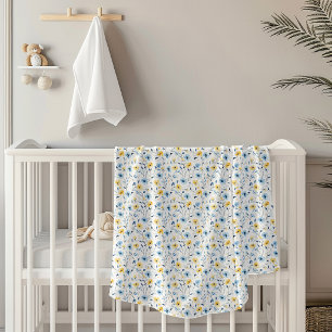 Blue Yellow Watercolor Wildflower Baby Blanket