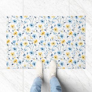Blue Yellow Watercolor Wildflower Doormat