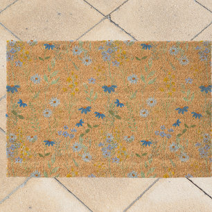 Blue Yellow Watercolor Wildflower Fiber Doormat