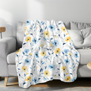 Blue Yellow Watercolor Wildflower Fleece Blanket
